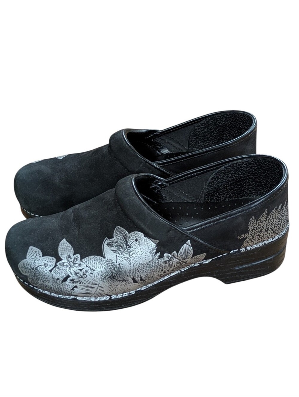 Dansko Professional Metallic Floral Nubuck Clogs Black Size 43